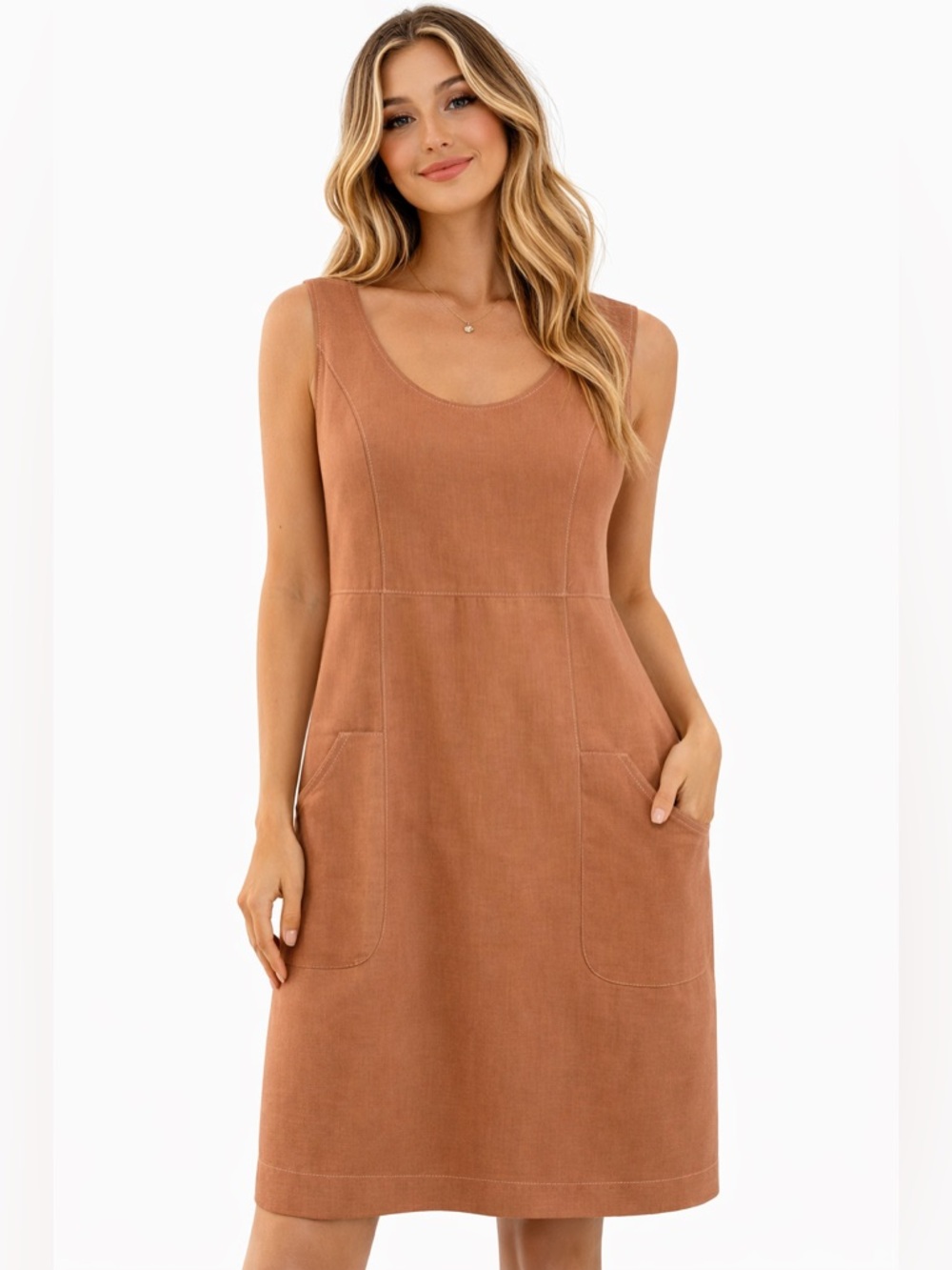Magic Linen Women's Sleeveless Scoop Neck Pinafore Dress in Rust